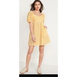 Old Navy Women Fit & Flare Puff-Sleeve Seersucker All-Day Mini Dress XL Yelllow